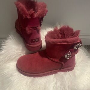 UGG Red Suede Boots with Fur and Rhinestone Bow